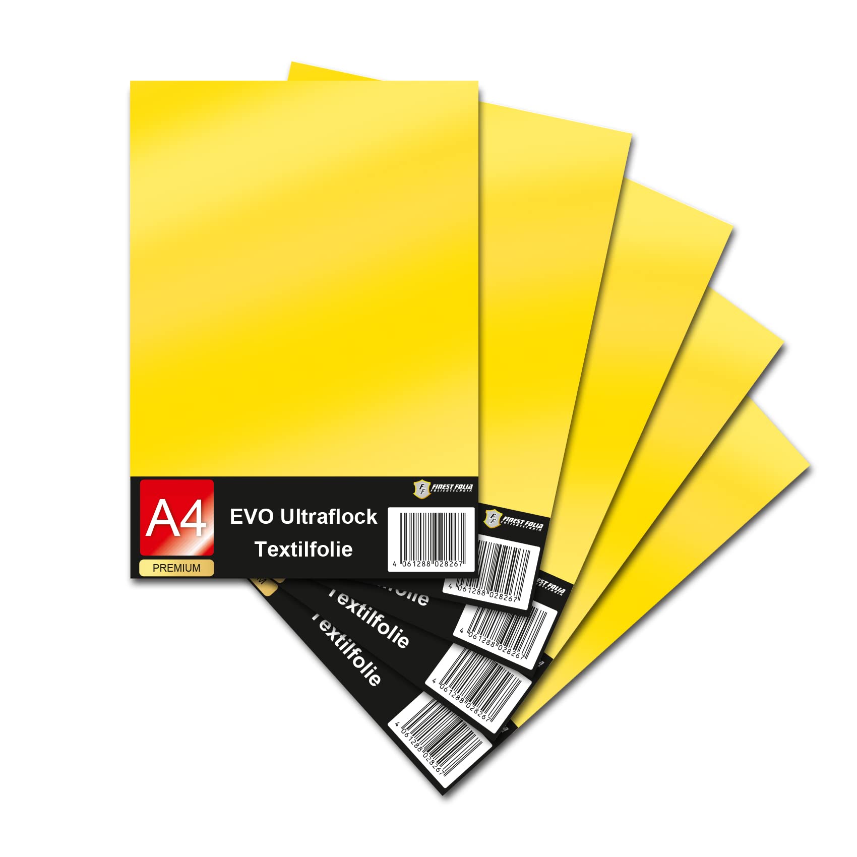 Evo Ultraflock Textile Film for Plotter 33 Colours Flock Film in DIN A4 Format 30 x 20 cm Plotter Film for Fabric Clothing T-Shirt Flock Film Accessories (Set of 5, 003 Golden Yellow)