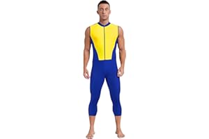 Fldy Mens Sleeveless Athletic Bodysuit Color Block Patchwork Front Zipper Calf Length Sport Unitard Jumpsuit