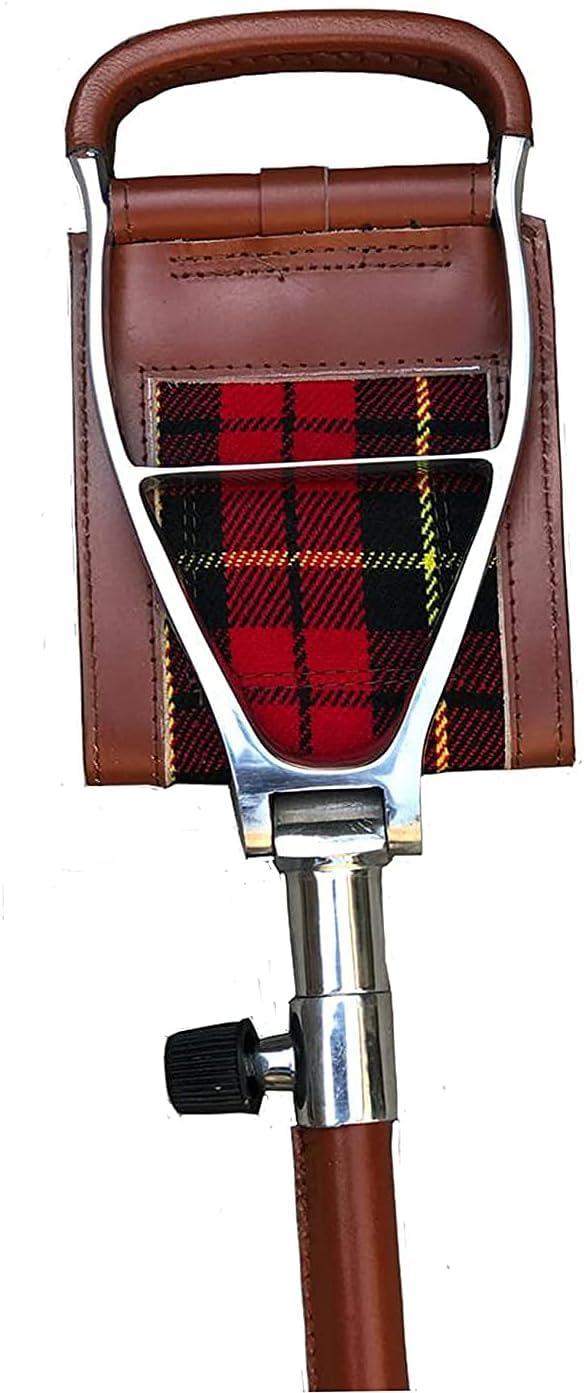Generic Folding Camp Chair with Adjustable Walking Stick, Brown Leather, Scottish Tartan Insert