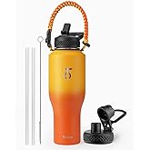 Trebo 40oz Insulated Water Bottle that Fits in Cup Holder, Stainless Steel Bottles Tumbler Double Wall Metal with Straw Spout Lids,Travel Flask with Paracord Handle, Sweat Proof Keep Cold &Hot,Orange