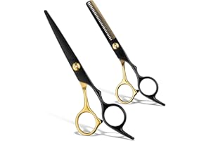 FUNNYFOX 2 Pcs Sharp Hair Cutting Scissors, Stainless-Steel 6.7‘’ Barber Scissors Professional, Multifunctional Thinning Shears for Hair Cutting, Wigs Texturizing Tools for Women Men Home Salon(Gold)