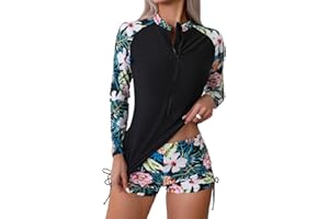 Owntop Women 2-Piece Rash Guard, Long Sleeve Swimsuits UV UPF 50+ Swim Shirt, Zipper Bathing Suit with High Waist Boyshort