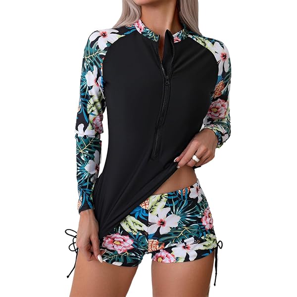 ALLTOKE Damen Rashguard Set 2-teilig – Halber Reißverschluss, Board-Short, LSF 50+
