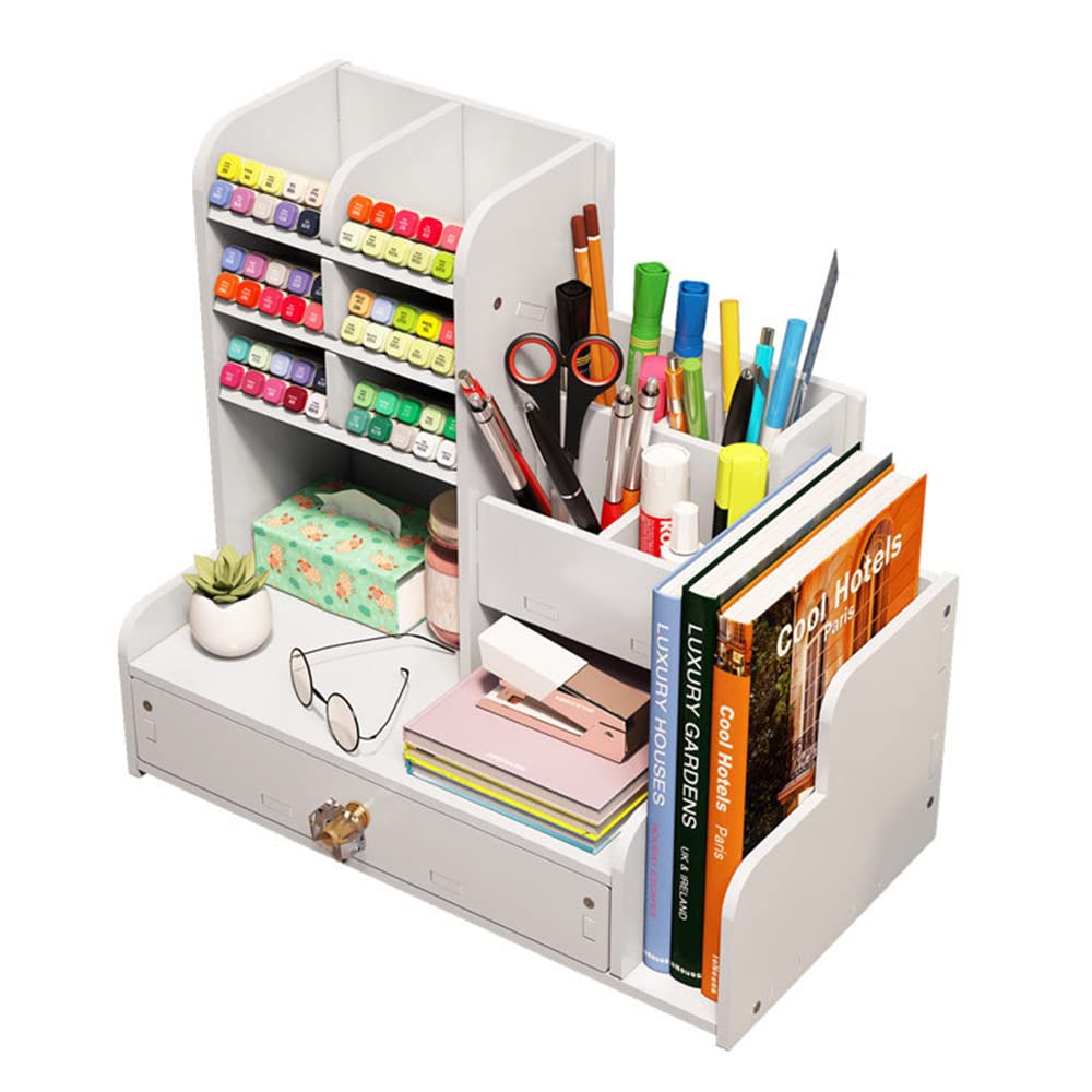 Upgraded Desk Organizer with Drawer, White Pen Holder, Desk Organizer for Home, Office and School