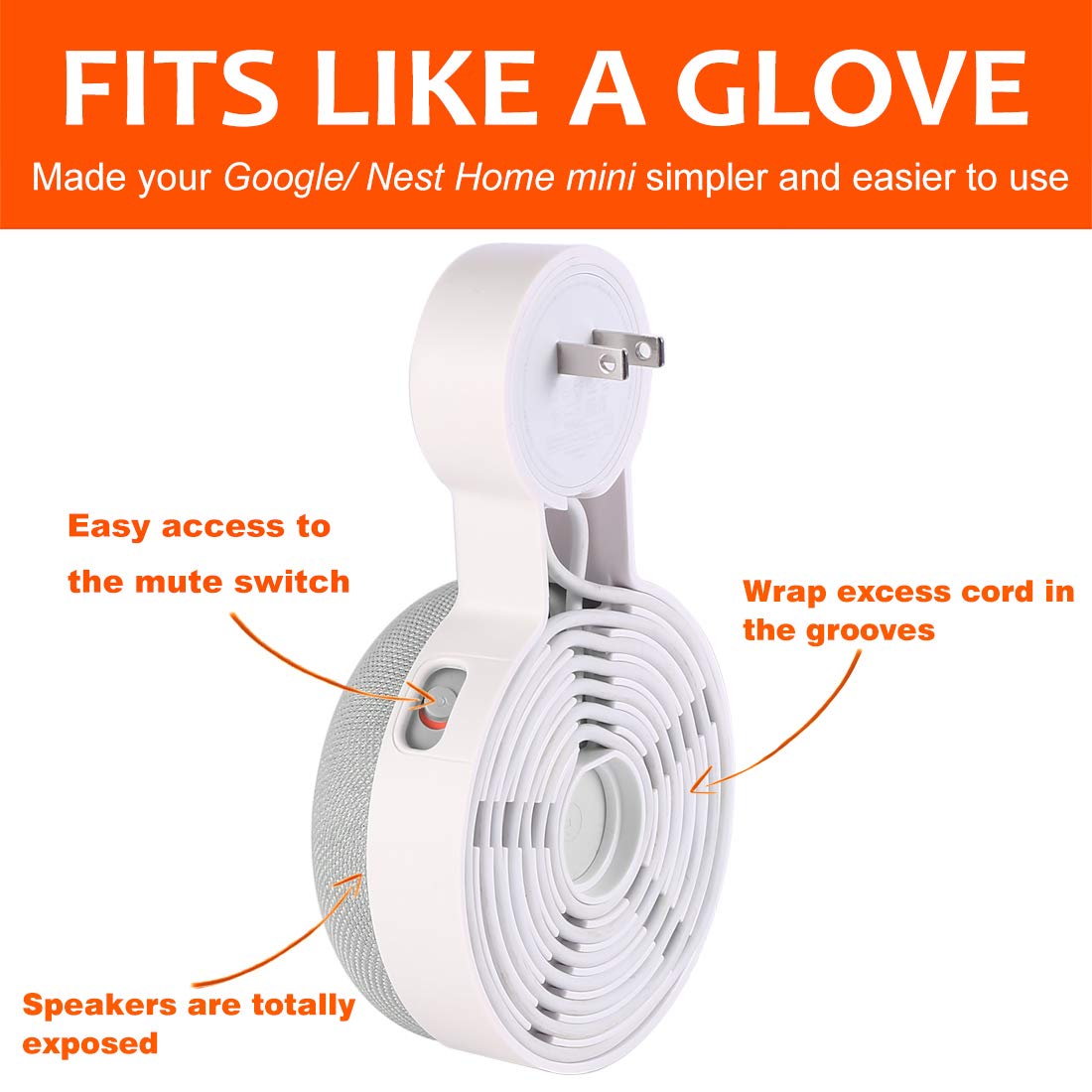 Outlet Wall Mount Holder for Google Nest Mini and Google Home Mini, A Space-Saving Accessories with Cord Management for Google Mini Smart Speaker, No Messy Wires or Screws (1 Pack)
