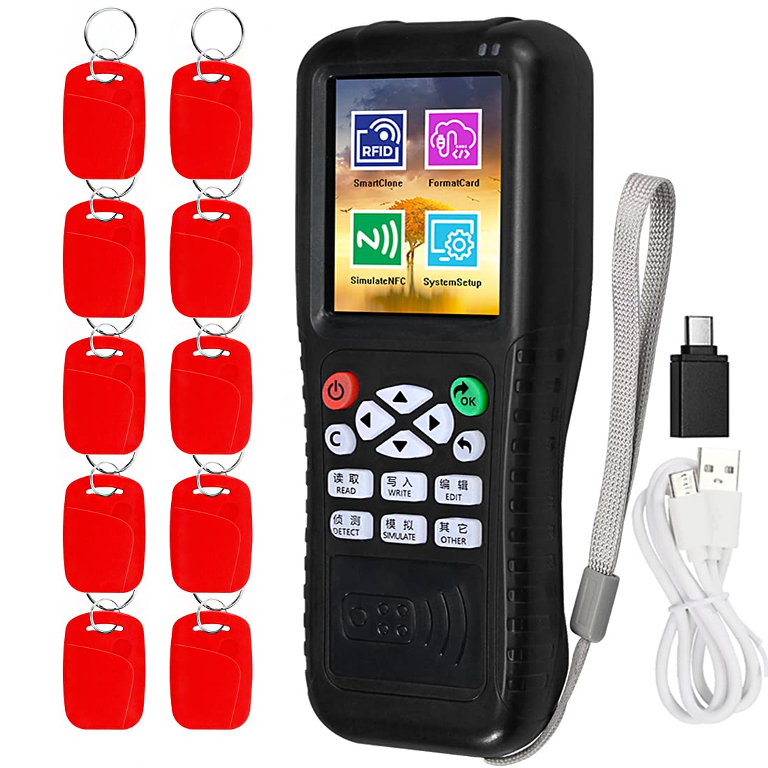 HENAXSAD Multi Frequencies RFID Smart Card Replicator, Reader Writer Duplicator, NFC Reader, Encrypted Decoder, with Writable Key Fobs Cards Free Software Phone APP Decoding, Black, (HERNAS-FZQ2023)