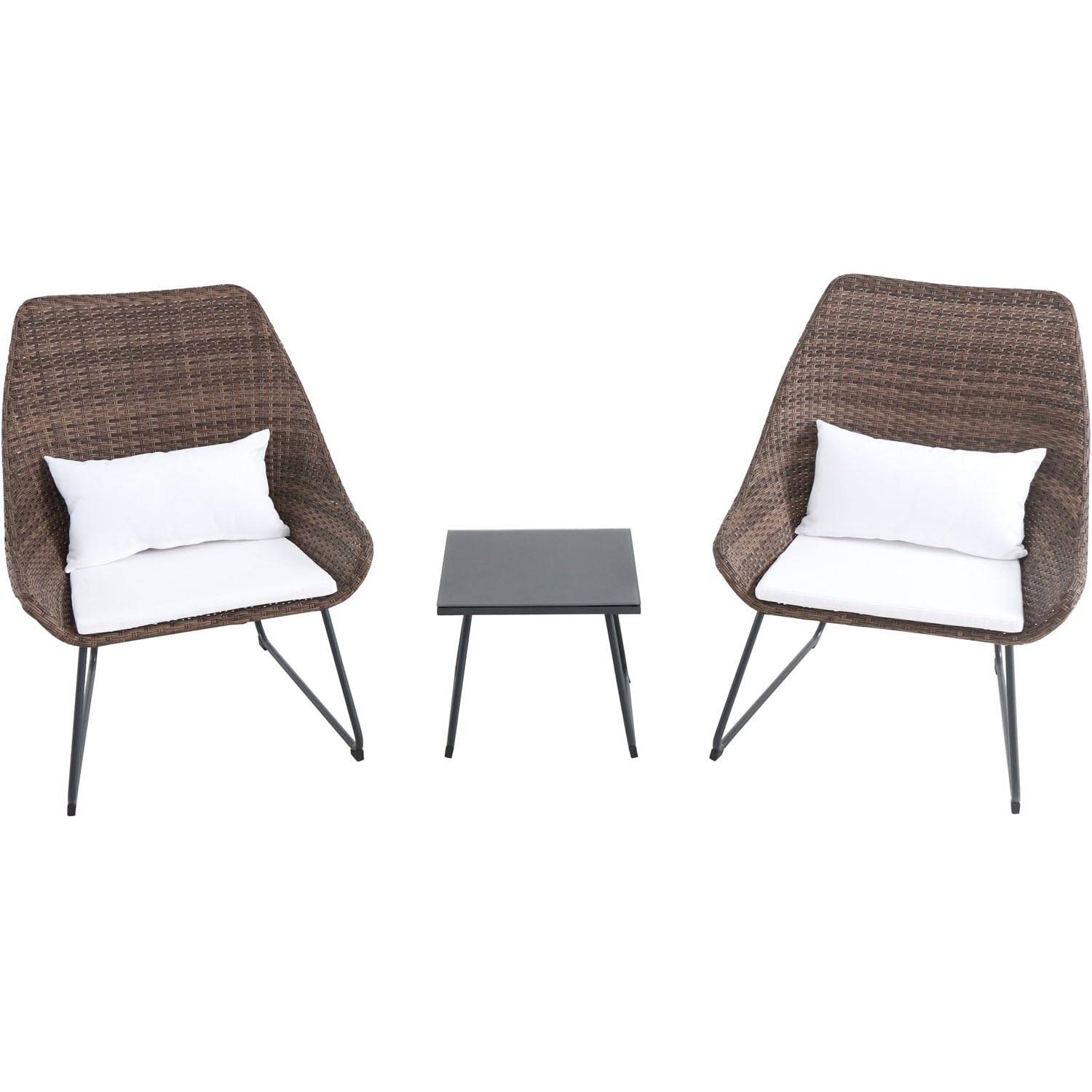 Photo 1 of Hanover 3-Piece Patio Conversation Set with 2 Scoop Chairs, 15'' Square Side Table, Rust-Resistant Steel Frames, White Cushions and Pillows, Modern Outdoor Bistro Set