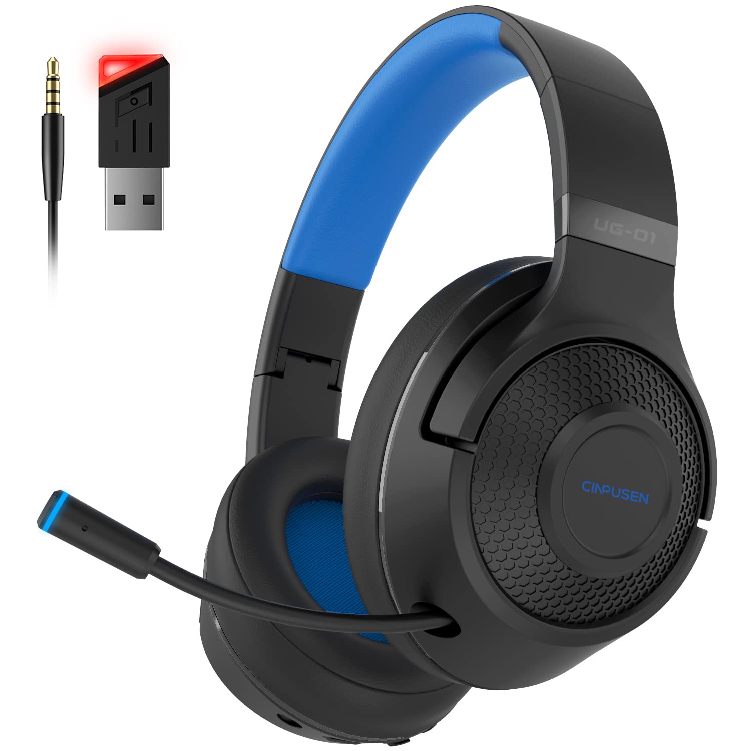 2.4Ghz Wireless Gaming Headset for PC, PS5, PS4, MacBook, with Microphone, Over-Ear Bluetooth Gaming Headphones for Cell Phone, Soft Earmuff - 25 Hours Playtime, Only Wired Mode for Xbox Series, Blue