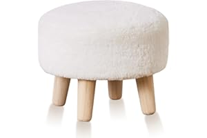Cpintltr Round Footstool Ottoman Rabbit Wool Mushroom Stool Solid Wood Stool Small Upholstered Ottoman Shoe Changing Foot Stool Step Stool Sofa Footrest Stool for Living Room Bedroom (White)