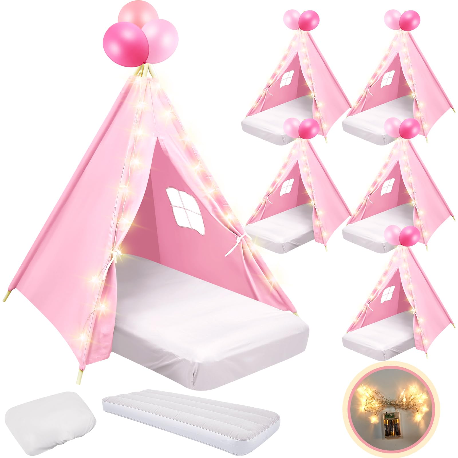 Photo 1 of 6 Pack Sleepovers Teepee Tent for Kids Bulk with Mattress Sheet Light,Natural Cotton Washable Indoor Play Tent for Birthday Slumber Party Girls Boys Pajama Movie Night Supplies(Light Pink)