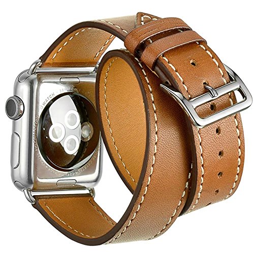 JahyShow FOR Leather Double Tour Apple Watch Band with Adapter Clasp, 38mm, Brown