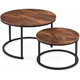 HOJINLINERO Round Coffee Table,Nesting Coffee Table Set of 2,Rustic Brown | Center Table for Living Room,Small Apartment,Small Space,Stacking Side Tables,Wood Tabletop,Sturdy and Easy Assembly,Large