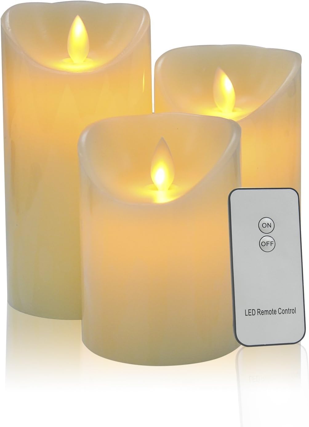 KOUME LED candles with moving flame - real flame effect LED real wax candles with 10 key remote control and timer [classic dumpling, ivory color] - 3 pack