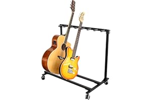 Multi Guitar Stand Rack with Wheels, 7 Holders Foldable Rolling Guitar Stand Display Rack with No-Slip Rubber Padding Storage