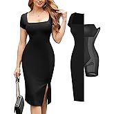 Popilush Summer Cocktail Midi Dresses for Women Shapewear Bodycon Short Sleeve Square Neck Dress