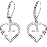 ONEFINITY Cross Moissanite Earrings for Women 925 Sterling Silver Leverback Cross Heart Dangle Drop Earring Cross Religion Jewelry for Women