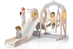 LISCHWERT Toddler Playground, 5 in 1 Toddlers Slide and Swing Set, Swing Set for Toddlers Age 1-3, Kids Slide with Basketball Hoop, Storage, Climber, Swing Toddler Indoor and Outdoor Playset
