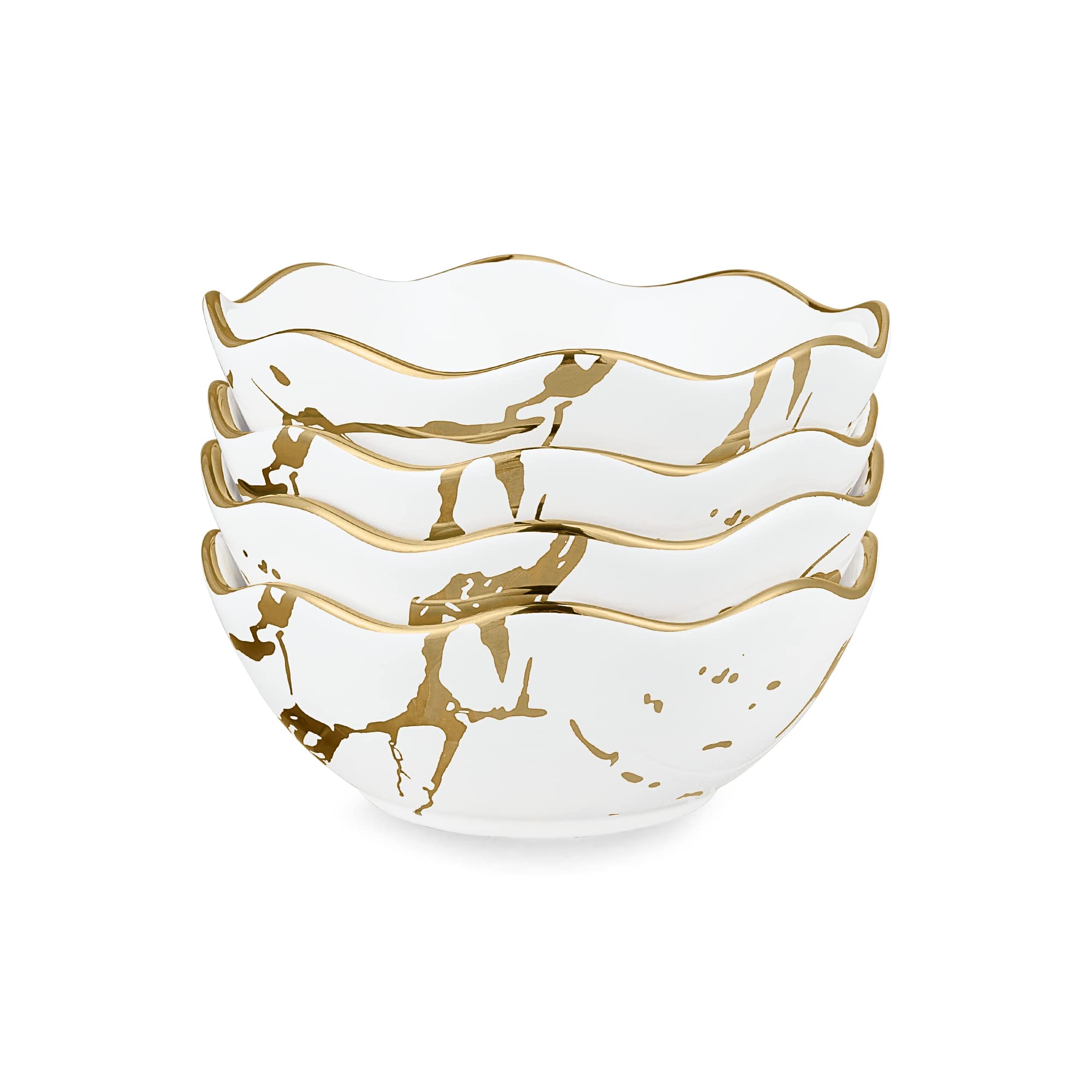 fanquare White Gold Marble Cereal Bowls Set of 4, Japanese Ramen Bowls Set, Ceramic Small Bowls for Soup, Salad, Pasta, Rice, Noodle