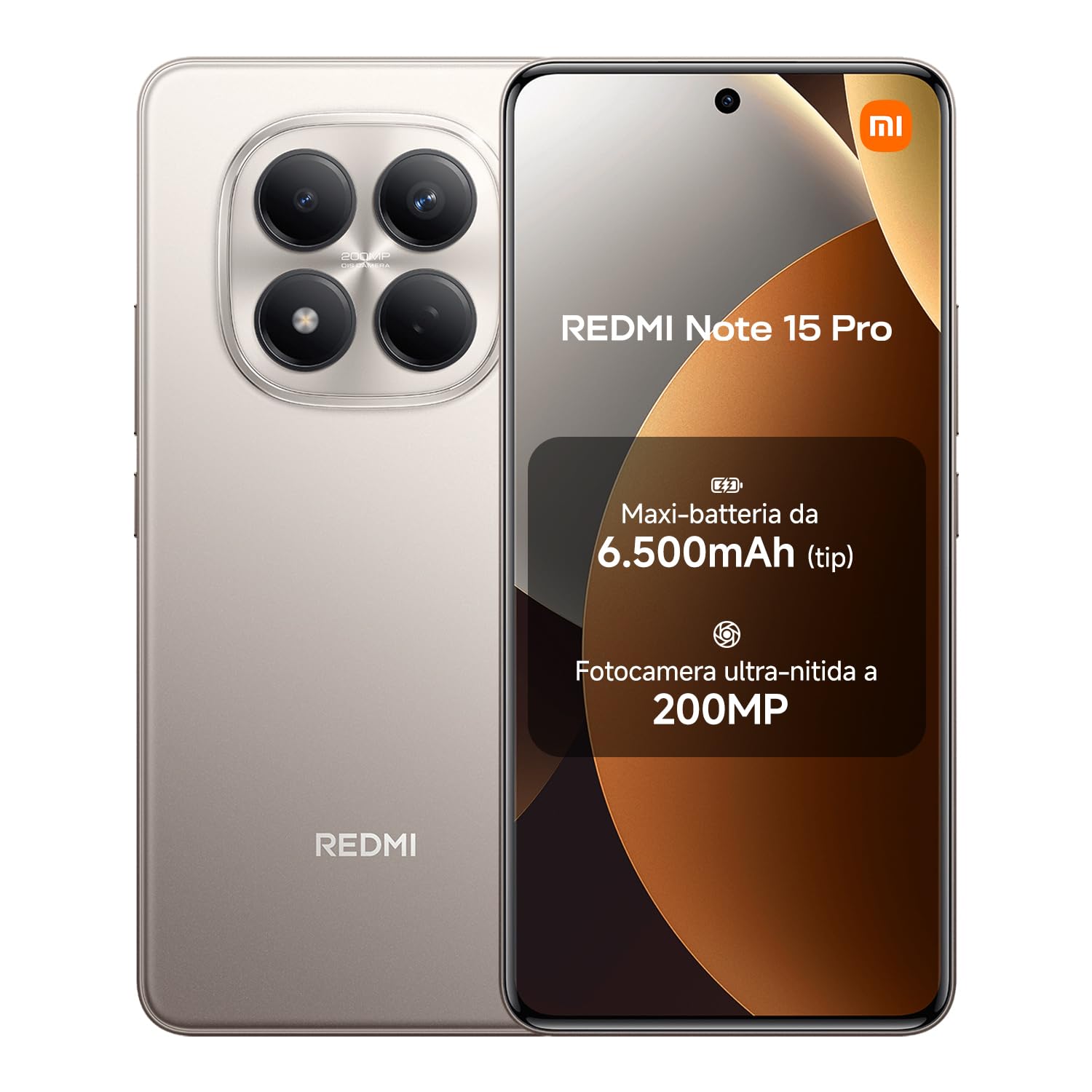 XIAOMI Redmi Note 15 Pro, Smartphone 8+256GB, Batteria massiccia da 6500 mAh, Fotocamera 200 MP, Resistenza IP65, Display AMOLED FHD+ da 6,77", Titanio, Garanzia 2 anni, Caricatore non incluso