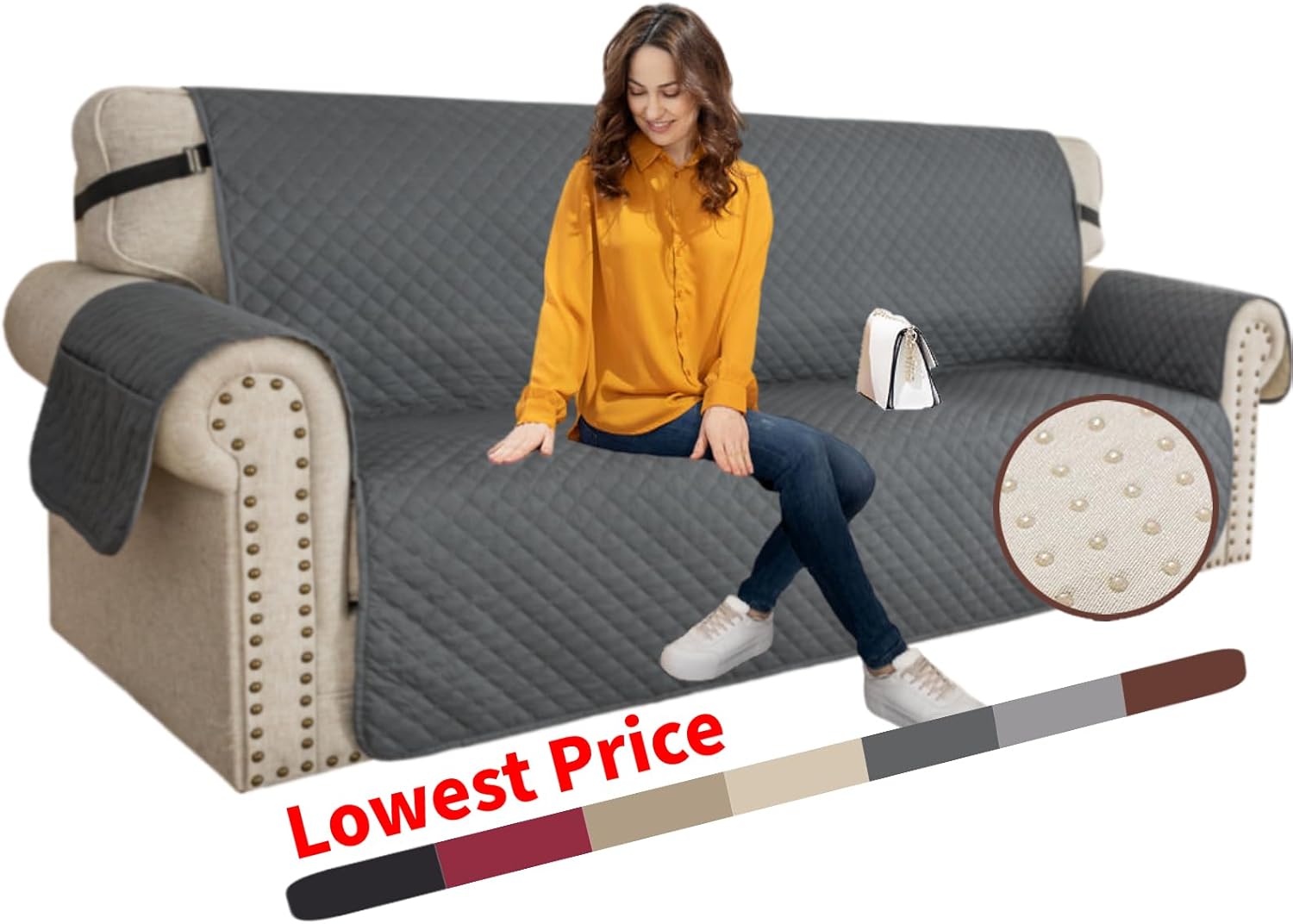 Slipcovers - XINEAGE Quilted Sofa Cover Waterproof Couch Covers for 3 Cushion Couch, Super Soft Washable Slipcover with Pockets & Non-Slip Elastic Straps, Dog Pets Proof Thick Furniture Protector (Sofa, Dark Grey)