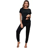 WiWi Womens Pajama Sets Short Sleeve Sleepwear Top and Jogger Pants Pjs 2 Piece Lounge Sets Viscose from Bamboo S-XXL