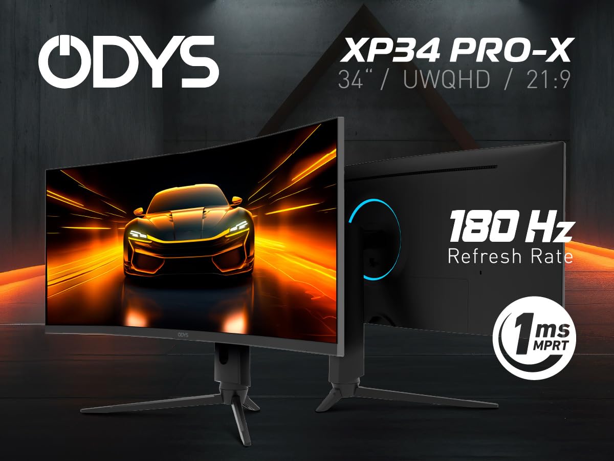 ODYS XP34 PRO-X Curved Gaming Monitor – 34 Zoll (86 cm) UWQHD (3440x1440), 180 Hz (DP), 1ms Reaktionszeit (MPRT),125% sRGB, HDR10, FreeSync/G-Sync komp., 1500R, Pip/PBP, 2X HDMI 2.1, 2X DisplayPort 4