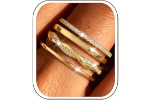 Thunaraz 14K Gold Plated Stackable Rings for Women Non Tarnish Dainty Cubic Zirconia Ring Set Minimalist Wedding Bands Ring S