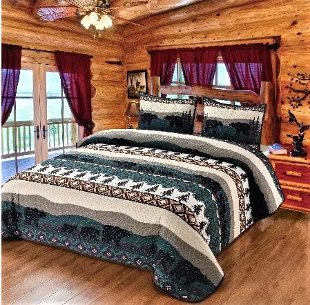 Bear Denali Mountain and Forest Scene King Quilt Set 108″ x 90″ Cabin Forest Lodge Type Décor Bedding