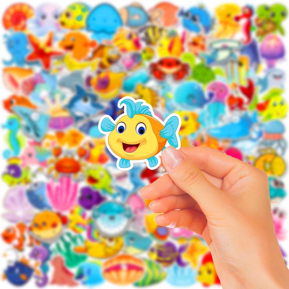 100 Pcs Under The Sea Creature Stickers, Waterproof Vinyl Sea Life Sticker Pack, Ocean Animal Stickers for Kids Water Bottles, Ocean Theme Party Favors