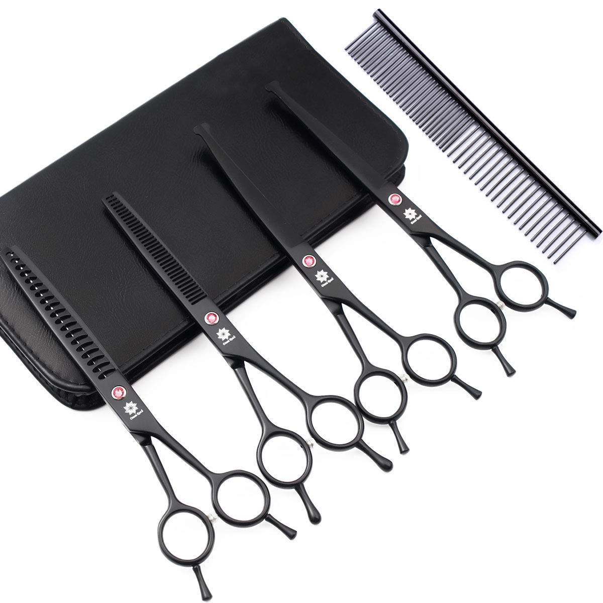 Dream Reach Professional 7.0'' Dog & Cat Grooming Scissors Kit - Curved, Straight & Thinning Scissors - 4pcs Set with Grooming Comb - Black, Stainless Steel