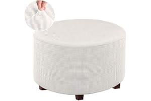 VIENLOVE Round Ottoman Slipcover Polyester Blend Footstool Protector Covers Stretch with Elastic Bottom Feature Textured Machine Washable Jacquard Fabric (Ivory, X-Large Size)