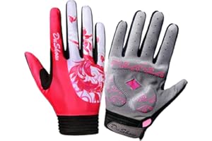 DuShow Bike Gloves for Women Cycling,Pink Floral Workout Gloves Women,Full Finger Biking Driving Riding Gloves for Women,Gel Padded Touch Screen Gym Gloves