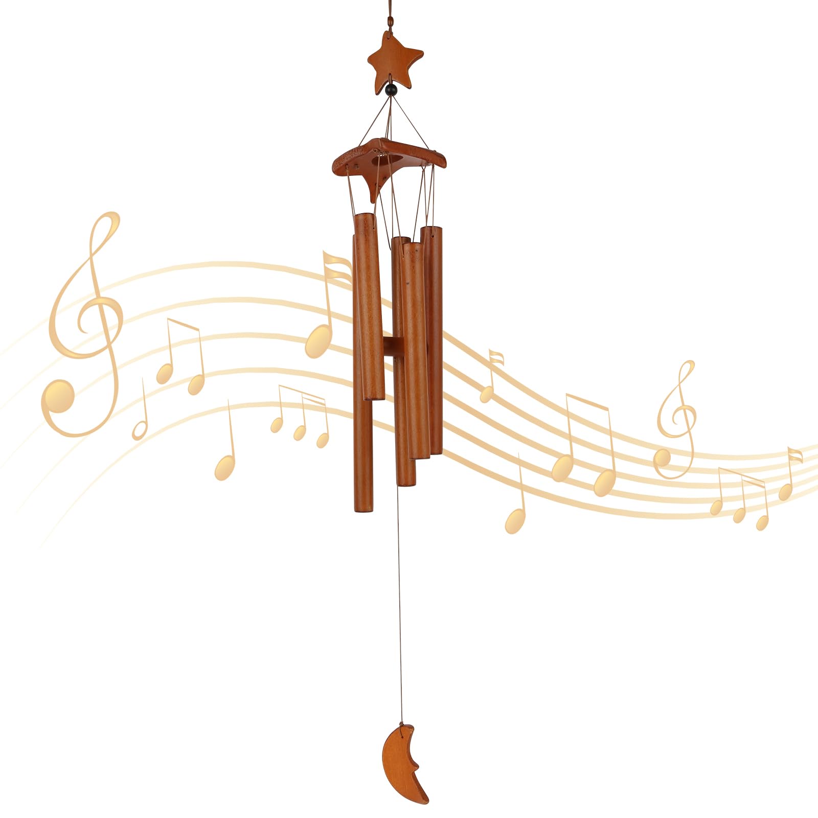 Aubess Bamboo Wind Chime, 70 cm Wooden Wind Chime, Garden, Star Moon Wind Chime with 5 Matching Tubes, Wind Chimes for Outdoor Hanging, for Garden, Yard, Patio and Home Decoration