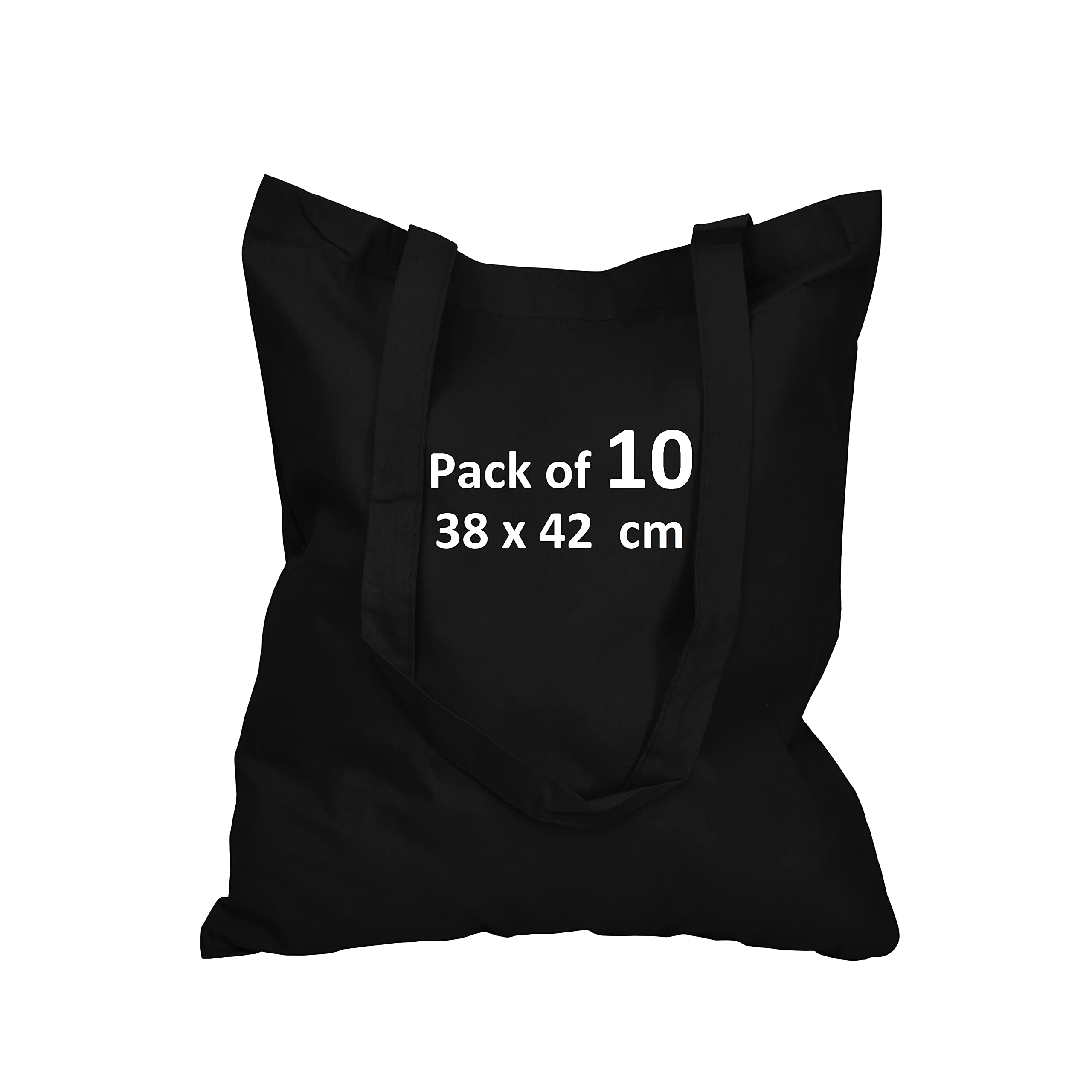 Cotton Bags for Grocery, Plain Tote Bags to Decorate, eco-friendly Canvas Tote Bags made with Premium Quality 100% Cotton Fabric Are Reusable Blank - Size 38x42cm+70cm long Handle (Pack of 10-Black)