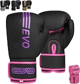 EVO Fitness Boxing Gloves Matte Black 8 oz with Hand Wraps Pink Women Men view 1