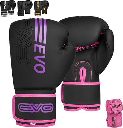 EVO Fitness Boxing Gloves Matte Black 8 oz with Hand Wraps Pink Women Men