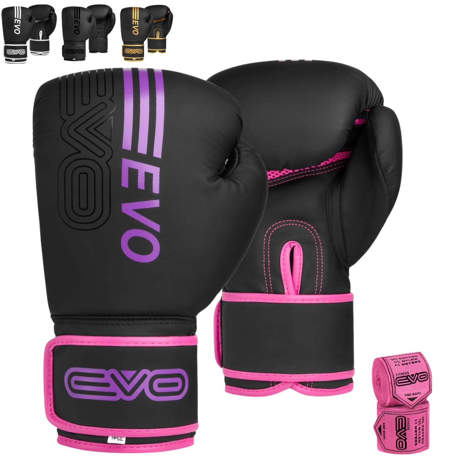 EVO Fitness Matte Black Boxing Gloves MMA Muay Thai Martial Arts Kick Boxing Sparring Training Fighting Men Punch Bag Women Pink Gloves With Hand Wraps (Pink, 8 OZ)