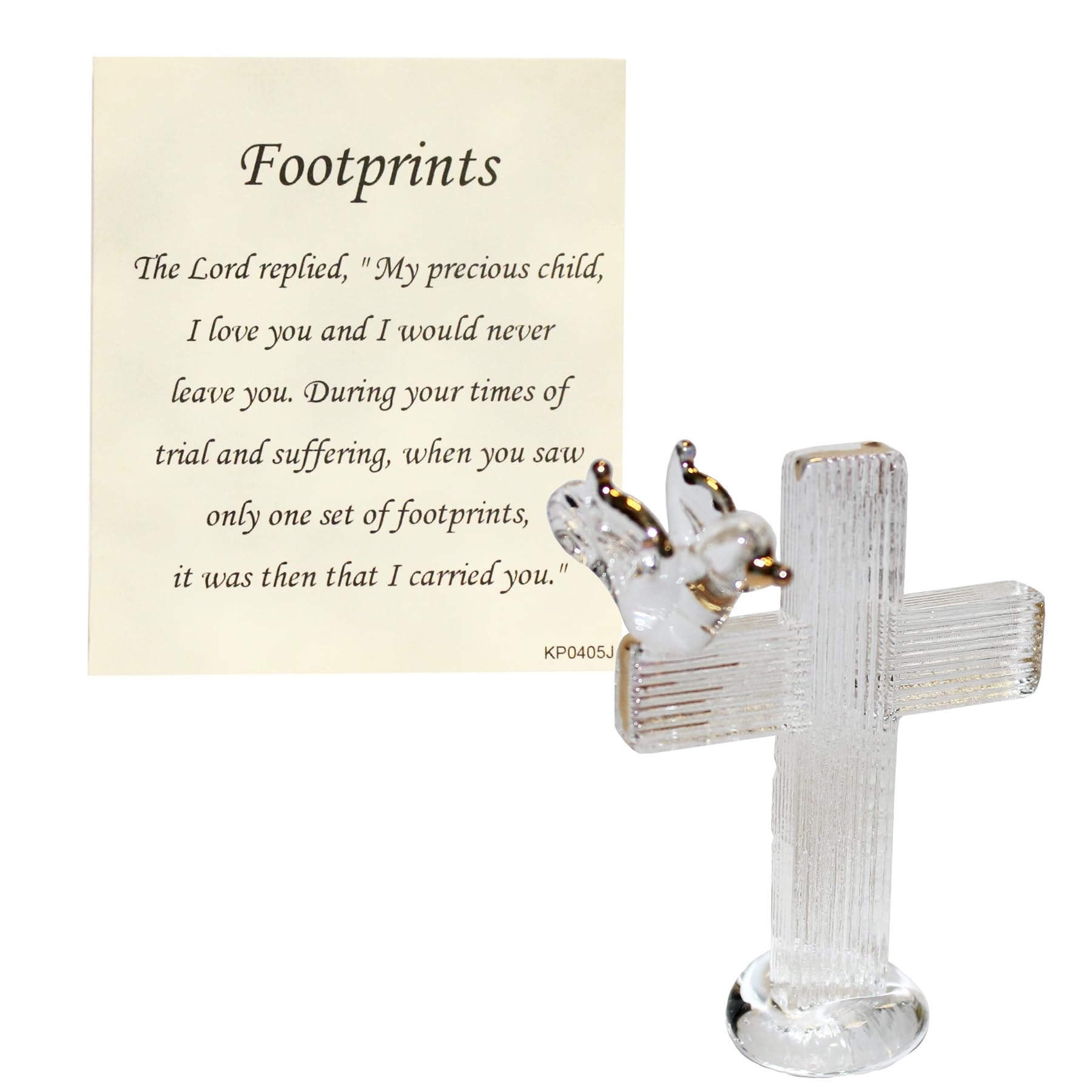 Footprints Cross Memorial Ornament in Gift Box with Poem, Gift Decor, Heart-warming Prayer, Crystal Glass Figurines in Box 5406