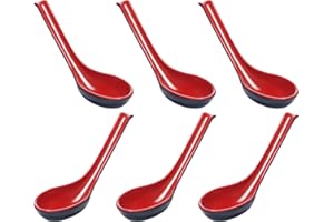 NUOMI Chinese Soup Spoons Won Ton/Rice Spoons, Asian Style Red&Black Spoon- Notch and Hook- 6 Pack Melamine Dinner Ware