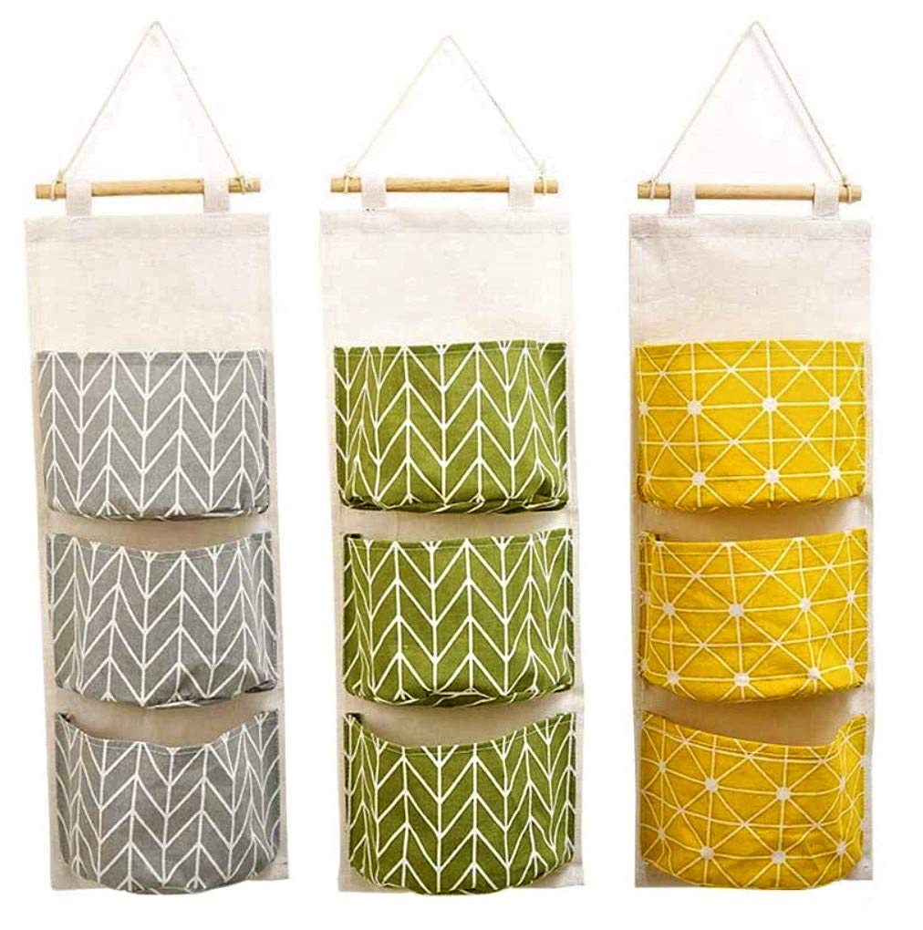 KAHEIGN 3Pcs Wall Hanging Storage Bag, 60 x 20cm Stackable 3-Layer Hanging Bag - Waterproof Linen Fabric Hanging Wide Pocket Organizer for Bedroom Bathroom Kitchen Office Wardrobe Clothes Rail