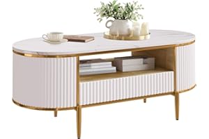 Garvee Oval Coffee Table, Modern Fluted Center Table with Faux Marble Top, Sliding Drawers and Gold Metal Legs, Minimalist Te