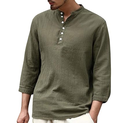 Aiserkly Männer Baggy Baumwolle Leinen 3/4 Ärmel Knopf Retro V Ausschnitt T Shirts Tops Bluse
