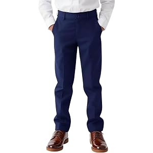 Trasign Boy Dress Pants Kids School Uniform Pants Teens Flat Front Trousers | adjustable waist, flat front pants, husky unifo