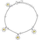 Namomi Sterling Silver Daisy Flower Bracelet for Women - 925 Rhodium Plated with 4 Enamel Charms, 7.3" with Extension, Spring Garden Jewelry Gift
