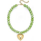 ENSKEFEN Gold Heart Pendant Necklaces for Women Colorful Acrylic Resin Beaded Choker Necklace Fashion Chunky Statement Beaded Heart Necklace