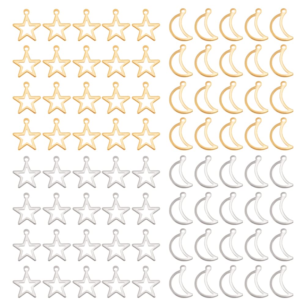 UNICRAFTALE 80pcs 2 Colors 14-15mm Hollow Star Moon Charms Stainless Steel Frame Charms Small Hole Pendant Metal Pendants Flat Smooth Charm for DIY Dangle Jewelry Making 1-1.2mm Hole