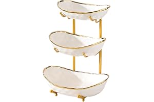 XUDREZ 3 Tier Fruit Bowl with Metal Stand for Kitchen Counter, Ceramic White Gold Silver, Tiered Fruit Basket for Nuts, Snack