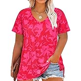 CARCOS Womens Plus Size Tops Basic Summer Shirts Short Sleeve V Neck Tunics Casual T-Shirt Loose Fits XL-5XL