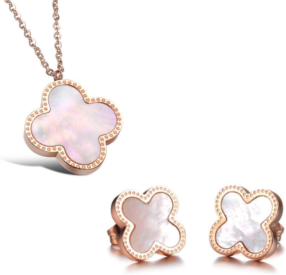 Kim Johanson ladies "Cloverleaf" cross jewellery set, necklace with mother of pearl pendant and earrings in rose gold