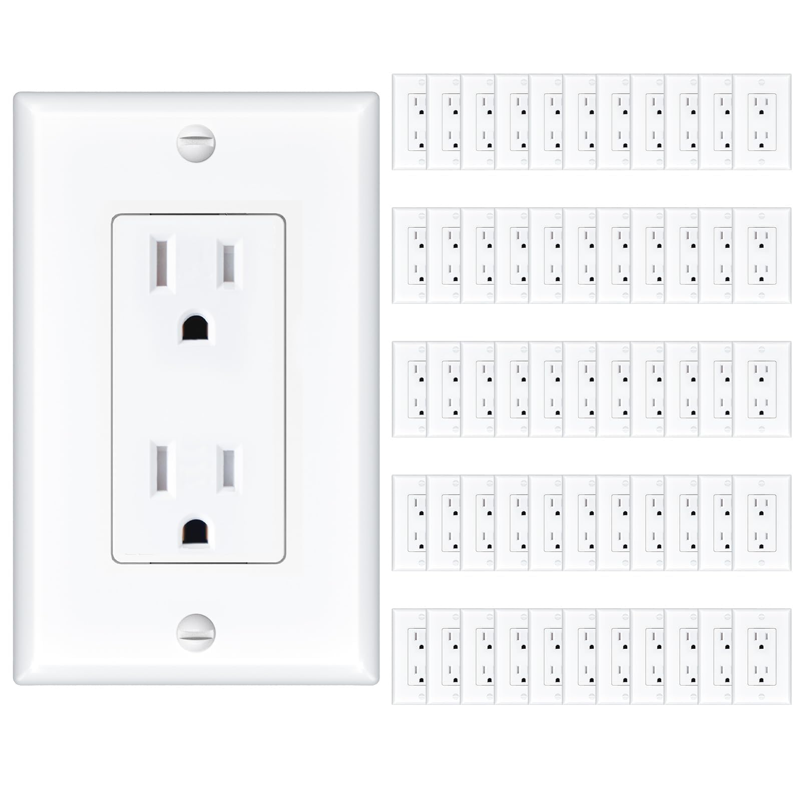 Photo 1 of Amico 50 Pack Wall Outlet, 15 Amp Outlets, UL Listed, Tamper Resistant Standard Electrical Outlet, Decorator Receptacle with Wall Plate, Suitable for Home and Business, 125V/1875W, White